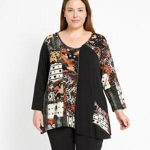 Ali Miles Women's 3X Tunic Blouse Cotton Multicolor Artsy Print Pearl Buttons